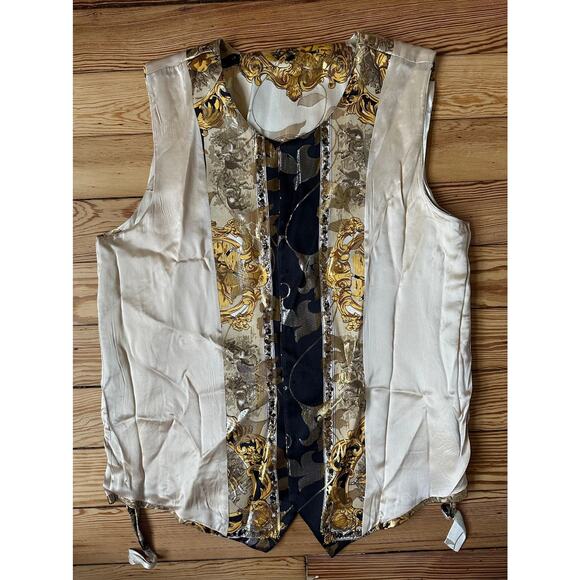 Ceta Dolce Vintage 80s Mens Polo Brocade Silk Metallic Tie Back Button Up Vest L - Picture 11 of 11